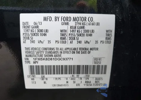 2013 Ford Explorer Xlt from USA, damaged, VIN 1FM5K8D81DGC93771